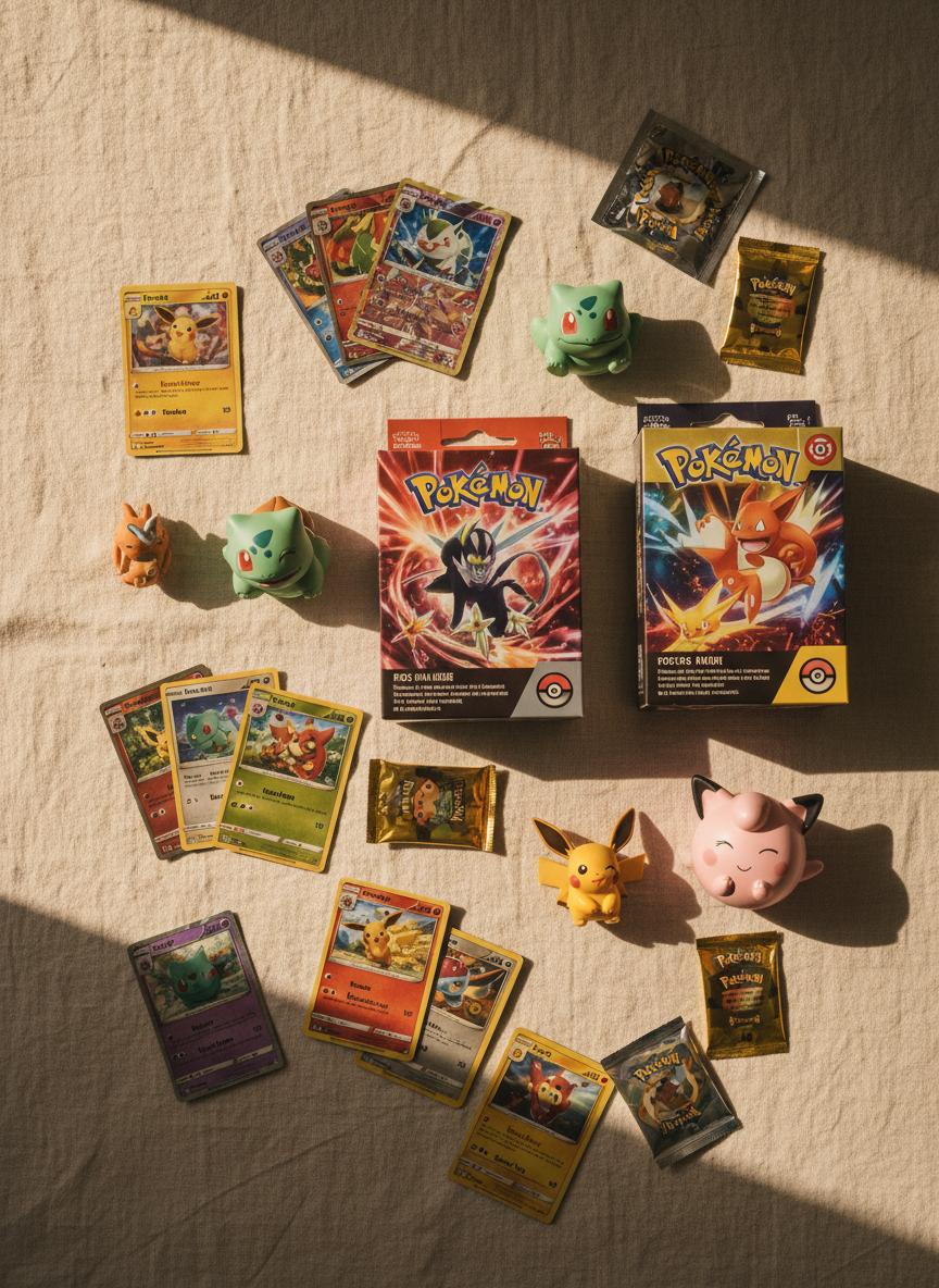 Pokemon cards, booster boxes and figurines artfully arranged on a cream linen surface