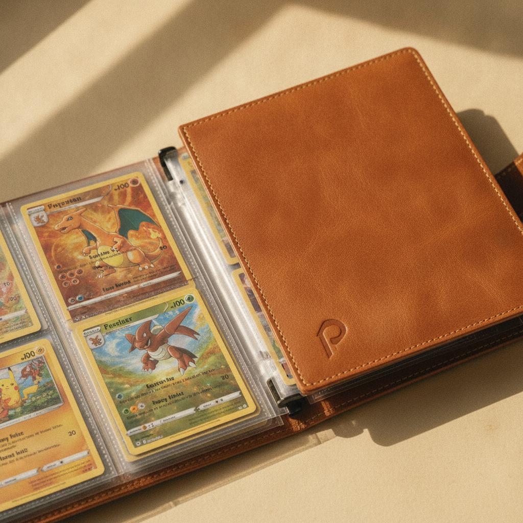 Leather card binder with Pokemon cards